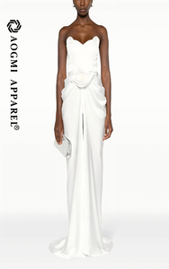 Alta costura moda señoras elegante fuera del hombro con cordones plisado Slim Empire vestido Bodycon 100% seda Floral vestido antiarrugas - Product Image 3