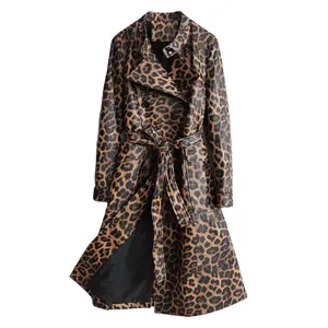 Cost Effective Double Breasted Women Stylish Long Leopard Leather Jacket Ladies Trench With Belt