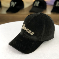 Casquette de baseball noire en velours avec strass et lettres, personnalisable, pour le printemps et l'hiver, style sport et mode, vente en gros