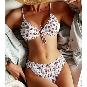 Kaffeeblatt-Druck Smocked String Bikini Bademode, Frontal-Bikini-Set mit Krawatte /