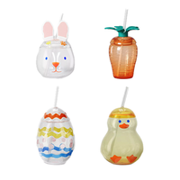 Gobelet en plastique transparent réutilisable de 500 ml avec couvercle et paille, motif lapin et radis, pour Pâques, avec logo personnalisé, idéal pour les fêtes.