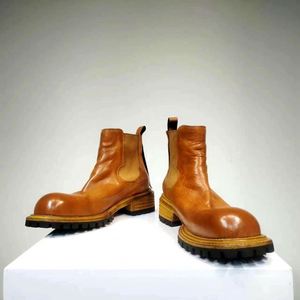 Bottes montantes pour hommes en cuir véritable à semelle épaisse, style rétro vieilli, à lacets, pour l'été, avec couture Goodyear, vente en gros, hiver, automne, moto - Product Image 4