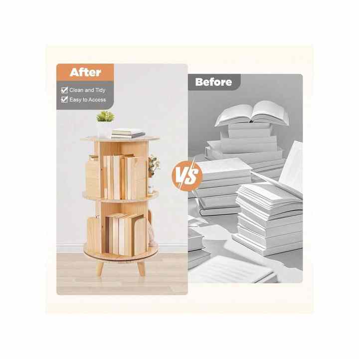 2-Tier Rotating Wood Bookshelf 360 Degree Display Bookcase Storage Rack Multi-Functional Organizer Stand for Home Office School