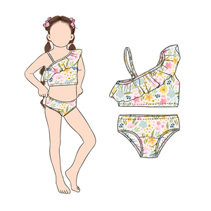 Toptan kızlar için pantolon ile 2 adet bir omuz fırfır <span class=keywords><strong>Bikini</strong></span> seti yaz aylarında bebek kız çocuk ve çocuklar yüzme - Product Image 2
