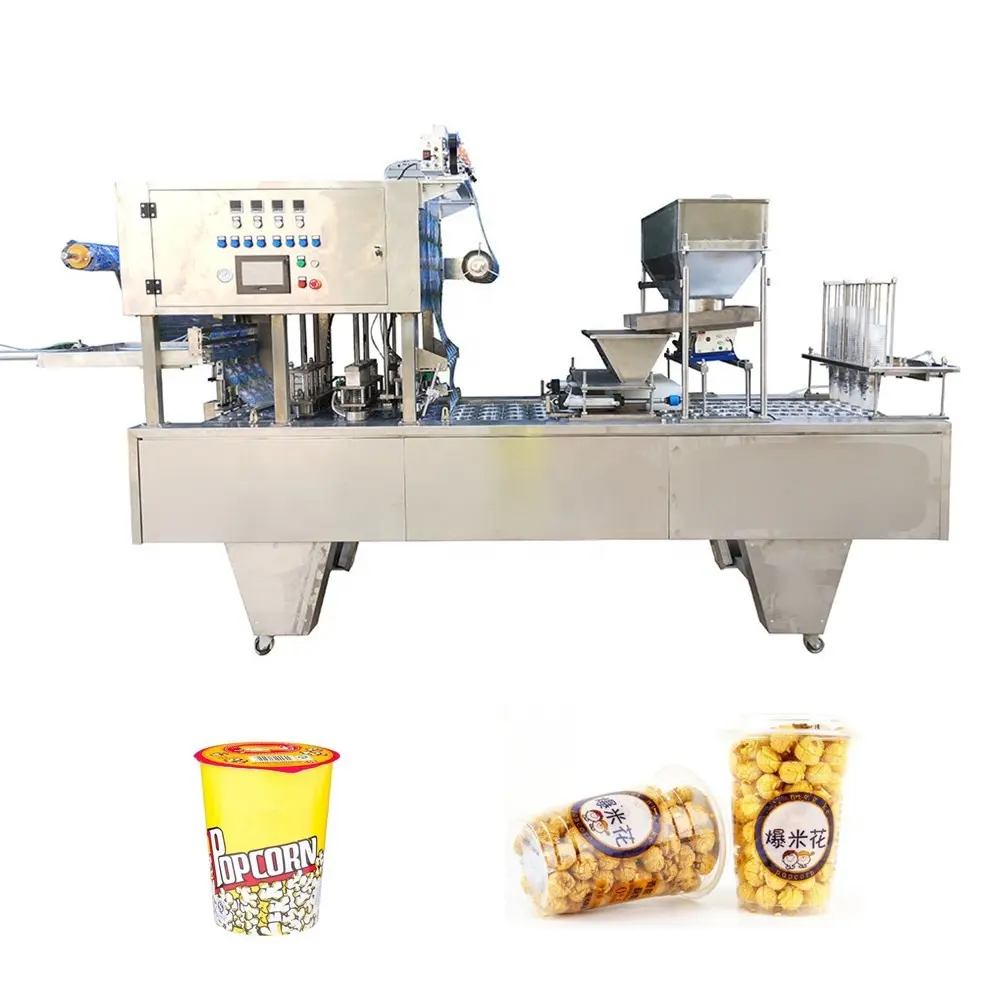 CE Approval High Productivity Automatic Puffed Rice Bucket Cup Filling Machine Popcorn Packaging Sealing Machine