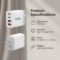 Chargeur de voyage multi-PD QC 4 ports 55W, 2PD 2USB-A, pliable, prise US AU UK EU, compact, blanc, chargeur rapide, vente en gros
