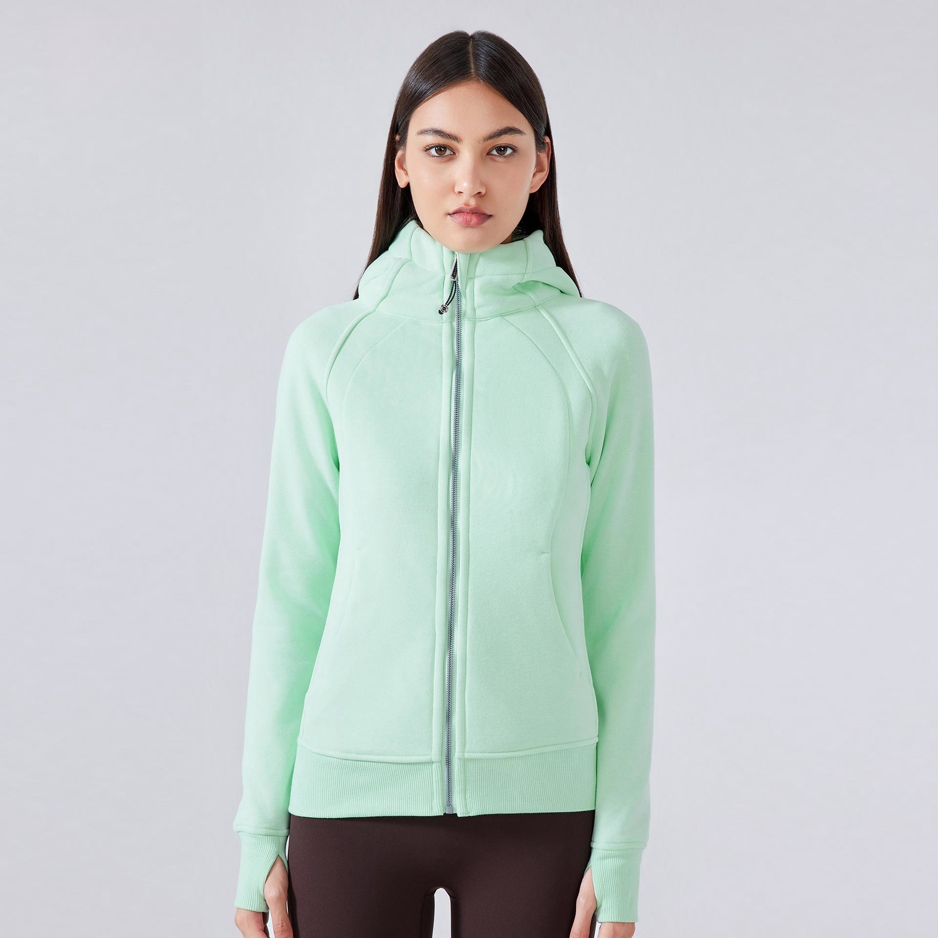 Women Full Zipper Sports Fleece Jackets Long Sleeve Slim Fit Fleece Pockets Gym Tops Thumb Hole Yoga Hoodies Active Wear