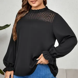 Wholesale Custom 205gsm Lady Blouse Black Long Sleeve Plus Size Shirts Women Blouses