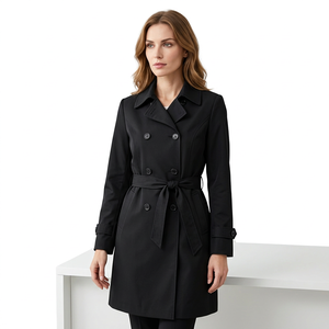 Elegant Black <b>Double</b> <b>Breasted</b> Trench <b>Coat</b> With Belt Notched Collar Full Sleeve Medium Length <b>Women's</b> All Seasons Woven Polyester - Product Image 3