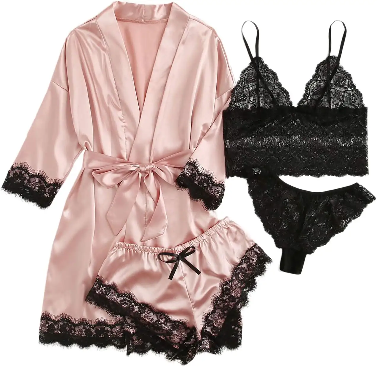 Pajamas Women Girls Four Piece Set Autumn Spring Women's Pajamas Shorts Robe Set Casual Sexy Lace Pajamas