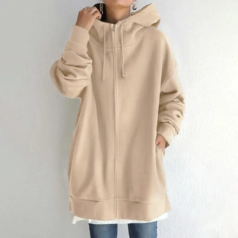 2023 hot sale autumn and winter new personality fashion zipper hooded long plus velvet sweater Hoodie