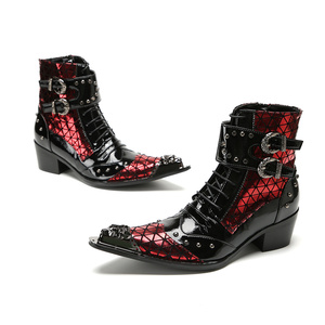 NA515รองเท้าบูทหุ้มข้อเชลซีหัวแหลมโลหะสำหรับฤดูใบไม้ร่วงฤดูหนาวรองเท้าบูทแต่งหมุดหัวเข็มขัดคู่ผู้ชายรองเท้าส้นสูงคาวบอยของผู้ชาย - Product Image 2