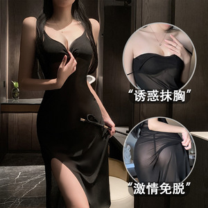 Sexy Mesh <b>Slip</b> Dress See Through Slit <b>Long</b> Nightgown For Women Sleeveless Chiffon Soft Sleepwear 8010 - Product Image 2