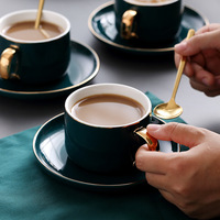 Ensemble tasse à café, soucoupe et cuillère en céramique de Chine, vert foncé avec bord doré, cadeau idéal pour la maison, le bureau, les mariages et les célébrations