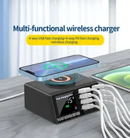 Port de charge multiple 4 USB + 4 PD Base de charge rapide pour téléphone intelligent Ordinateur portable Écran couleur Affichage numérique Chargeur sans fil 15W
