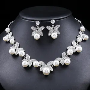 Korean Hot Latest Indian Fashion Alloy Zircon Pearl necklace Silver 925 Earrings Bridal Weddings Necklace Jewelry Set For Woman