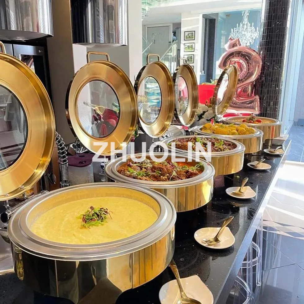 Zhuolin Luxe Glazen Deksel Komfoor Gold Chafing Gerechten Hot Pot Buffet Elektrische Geïsoleerde Display Voedsel Warmer Set Voor Verkoop