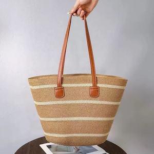 <span class=keywords><strong>Sac</strong></span> de plage en paille à rayures kaki pour femmes, mode en gros, avec bandoulière en cuir, sacs à main - Product Image 1