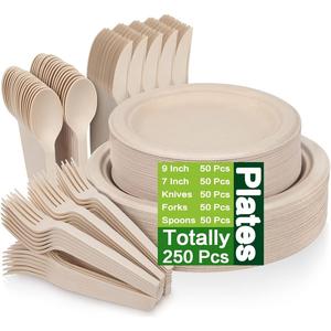 Juego de Cubiertos de Papel de Bambú Biodegradable, Tenedores y Cucharas Desechables Ecológicos, Servilletas Pre-Enrolladas, Vajilla para Viajes, Bodas y Comidas - Product Image 1