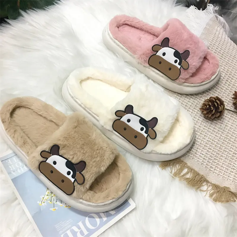 Cow Thick Fluffy Fur Slippers 2023 New Women Winter House Warm Furry Slippers Women Flip Flops Home Slides Flat Indoor Shoes