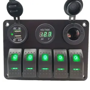 Panel de interruptor basculante de 5 entradas, impermeable, 12/24V, con enchufe USB Dual y voltímetro Digital