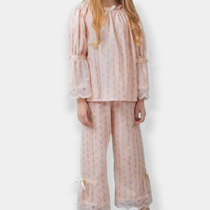 Set piyama butik kustom anak perempuan, Set baju tidur renda sambungan pola bunga dua potong untuk remaja perempuan - Product Image 1