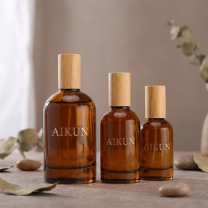 Aikun Natural Bamboo Cap Fragrance Bottles Amber Round Glass <b>Spray</b> Perfume Gift <b>Set</b> For Hotel And Spa Wholesale Packaging Supply - Product Image 3