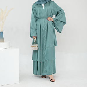 Di alta qualità in raso di seta aperta Abaya EID Dubai Abaya Patchwork tre strati di raso fluente Cardigan abito musulmano con cintura - Product Image 2