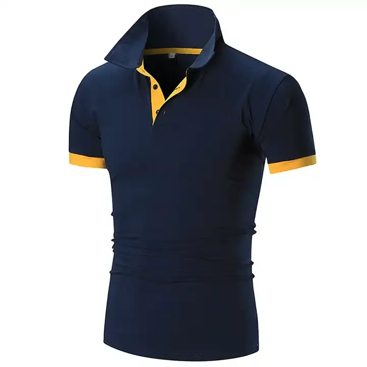 Camisa polo masculina azul marinho com gola contrastante - Polo elegante com acabamento amarelo para uso casual e de escritório com gola contrastante azul marinho