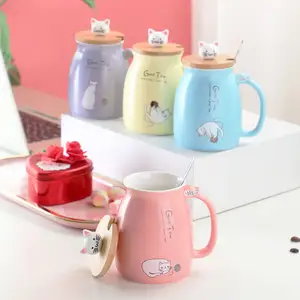 380毫升猫杯可爱陶瓷咖啡杯带可爱小猫木盖不锈钢勺子新奇杯茶牛奶圣诞杯