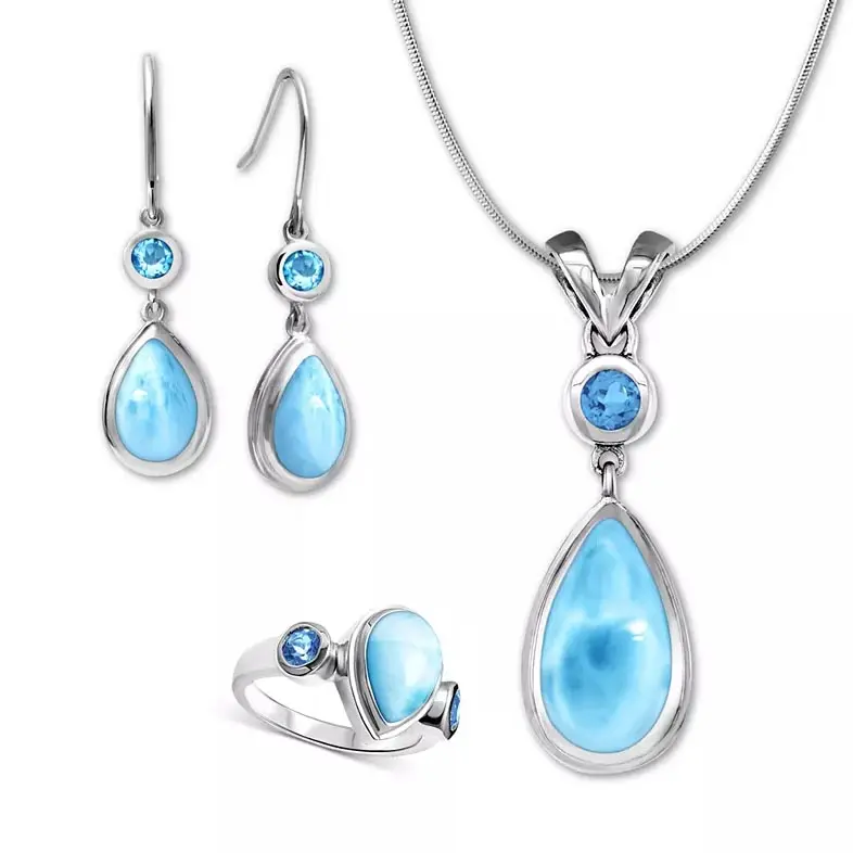 Hand poliert 3 Stück Larimar AAA Premium Qualität Halskette Ring Ohrringe Set Sterling Silber Natur blau Larimar Schmuck Set