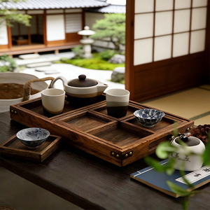 Wooden Multi Compartment <b>Tea</b> <b>Tray</b> With Handle Solid Wood Simple Chinese Style For Home Or Restaurant Use - Product Image 1