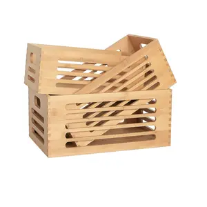natural bamboo and wood storage box desk large basket box hollow stripe slat kitchen container with handle