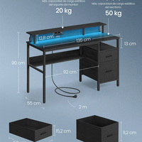 Bureau minimaliste moderne avec lumières LED Table de bureau d'ordinateur noire avec support pour moniteur et 2 tiroirs de rangement