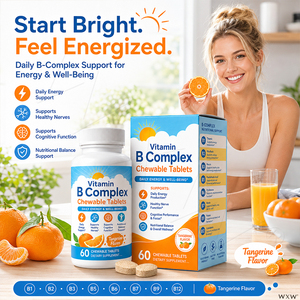 Tabletas Masticables de <span class=keywords><strong>Complejo</strong></span> Vitamínico <span class=keywords><strong>B</strong></span> con Sabor a Tangerina, Energía Diaria, Función Nerviosa y Cognitiva, y Apoyo al Equilibrio Nutricional - Product Image 1