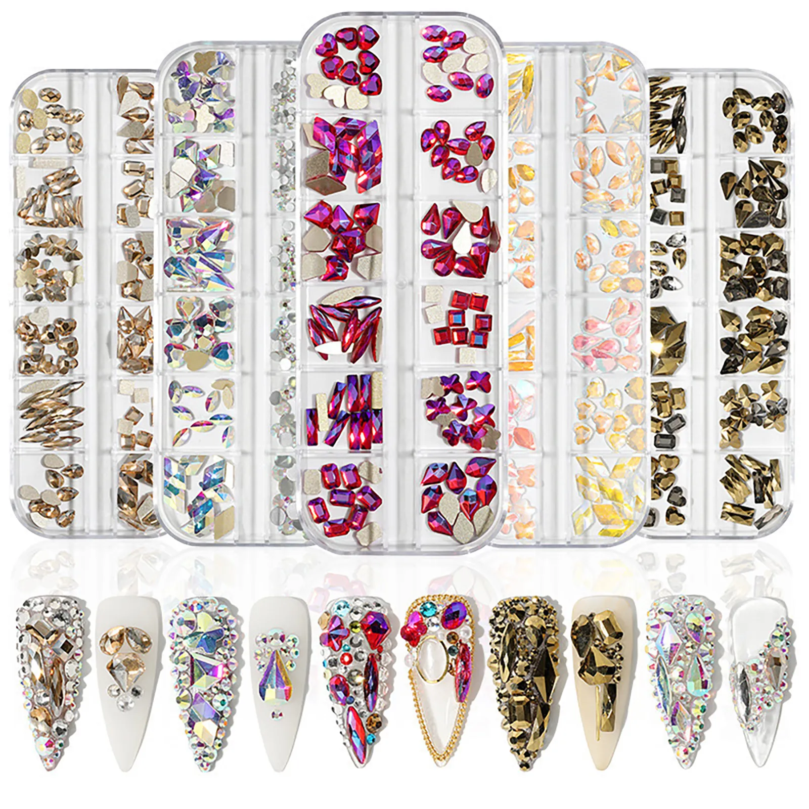 12 Grids 3D Flat Back Nail Glass Rhinestones Nail Art Decoração aleatória multi-forma de vidro para Nail Art DIY