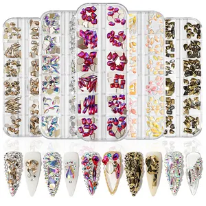 Strass de vidro com 12 grades 3D para decoração de unhas, strass de vidro com várias formas aleatórias para nail art DIY