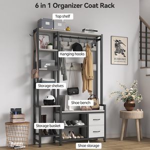 Mueble de recibidor rústico <span class=keywords><strong>blanco</strong></span> con estantes, banco para entrada con almacenamiento de zapatos y <span class=keywords><strong>perchero</strong></span> grande - Product Image 6