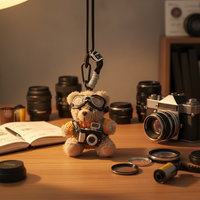 Porte-clés en peluche ours avec appareil photo flash mignon, breloque pour sac à dos, jouet en peluche pour couple, porte-clés créatif, cadeau