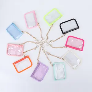 Portable No MOQ Colorful Square Zipper Money Pocket ID Card Holders Kids Key Chain Small Wallet Transparent Clear PVC Coin Purse