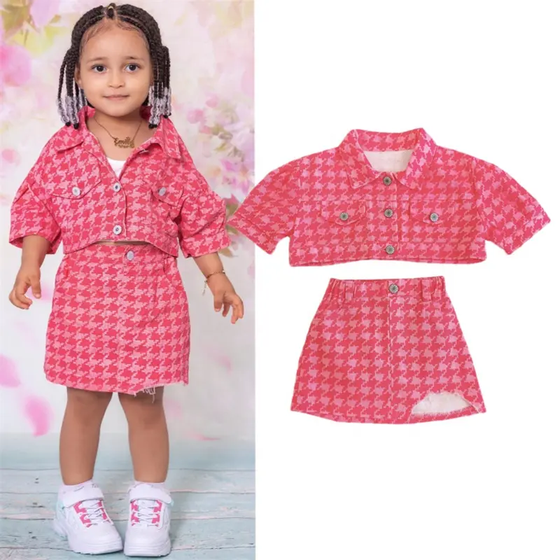 Ms-88 2024 Child Kids Wear Wholesale Fashion Girls Summer Clothes Houndstooth Crop Top + Mini Skirt 2 Piece Baby Dresses Set