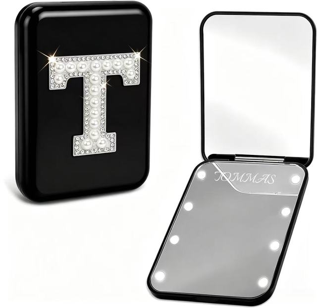 2x Magnifying Silver Finish Plastic Frame Pocket Mirror LED Light Compact Flip-Open Dual-Sided Folding Mini Makeup Mirror Custom