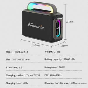 Караоке-система Cyboris X13 2025: Новая портативная беспроводная колонка 200 Вт с 2 беспроводными микрофонами, Aux 6,5 м, RGB LED подсветкой и мощным басом - Product Image 6