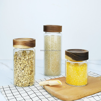 Étiquettes personnalisées  Pot en verre rond transparent de 350 ml/500 ml/850 ml avec couvercle en bois pour le stockage des épices et des aliments, y compris le miel et la confiture