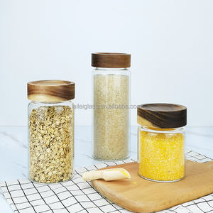 Étiquettes personnalisées  Pot en verre rond transparent <span class=keywords><strong>de</strong></span> 350 ml/500 ml/850 ml avec couvercle en bois pour le stockage des épices et des aliments, y compris le miel et la confiture - Product Image 2