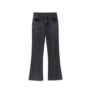 กางเกงยีนส์ทรงขาบานเอวสูง Runqi สีเทาควันบุหรี่ ไซส์พลัสสำหรับผู้หญิง ผ้าฝ้ายยืด ความหนาปานกลาง แต่งซิป - Product Image 5