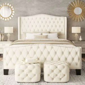 Lussuoso <span class=keywords><strong>Letto</strong></span> Imbottito Bianco con Testiera Wingback e Decorazioni in Diamanti, Struttura in Legno Massello, Arredamento Tradizionale <span class=keywords><strong>per</strong></span> Camera da <span class=keywords><strong>Letto</strong></span> - Product Image 2