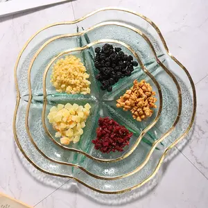 Рождественская стеклянная тарелка с золотыми краями, посуда для дома, гостиной, десерт, поднос для закусок, креативный цветок, украшение, посуда для еды