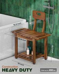 Chaise de douche moderne en bois d'acacia massif de 23,4 pouces avec dossier et étagère de rangement, siège de bain antidérapant pour personnes <span class=keywords><strong>âgée</strong></span>s, capacité de 450 lb - Product Image 5