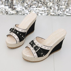Women Open Toe Wedge Slide <b>Sandals</b> Rivet Buckle Decor <b>Platform</b> Slip On Summer Mules - Product Image 6